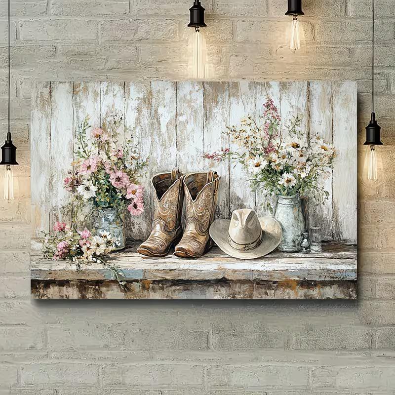 1pc Rustic Cowboy Boots & Hat Canvas Art Print Frameless Country Style Wall Decor with Floral Accents, Perfect for Bedroom, Living Room, Office, Cafe