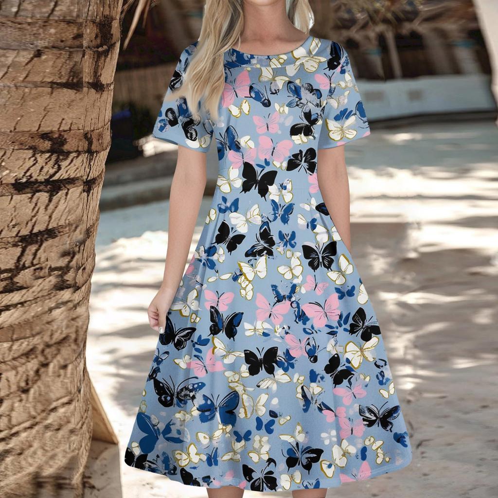 Women's Casual Fashion Dress Animal Floral Print Round Short Sleeve Waist Mid-Length Swing Dress (with Zipper)