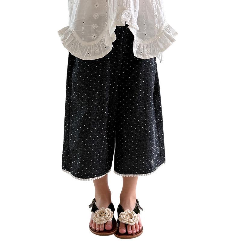 New Girls' Plaid & Polka Dot Three-Quarter Wide-Leg Pants (S/M/L) - Black