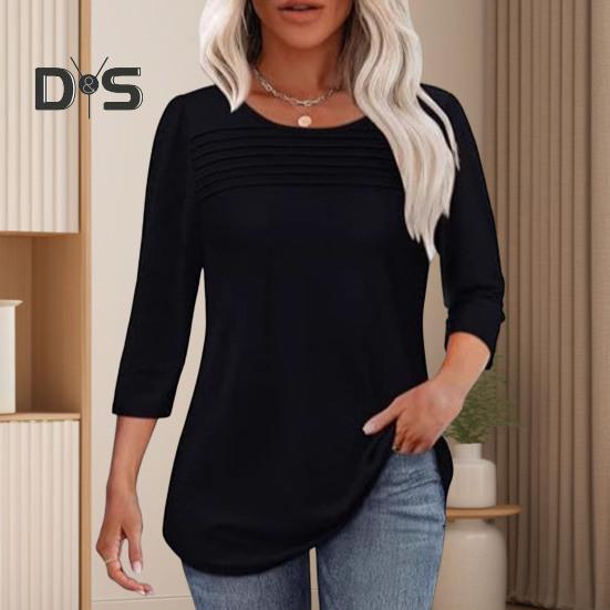 Damen-Oberteile, Rundhalsausschnitt, 3/4-Ärmel, plissierte Bluse, Frühling/Sommer, einfarbig, lockere Passform, lässiges T-Shirt für den Alltag