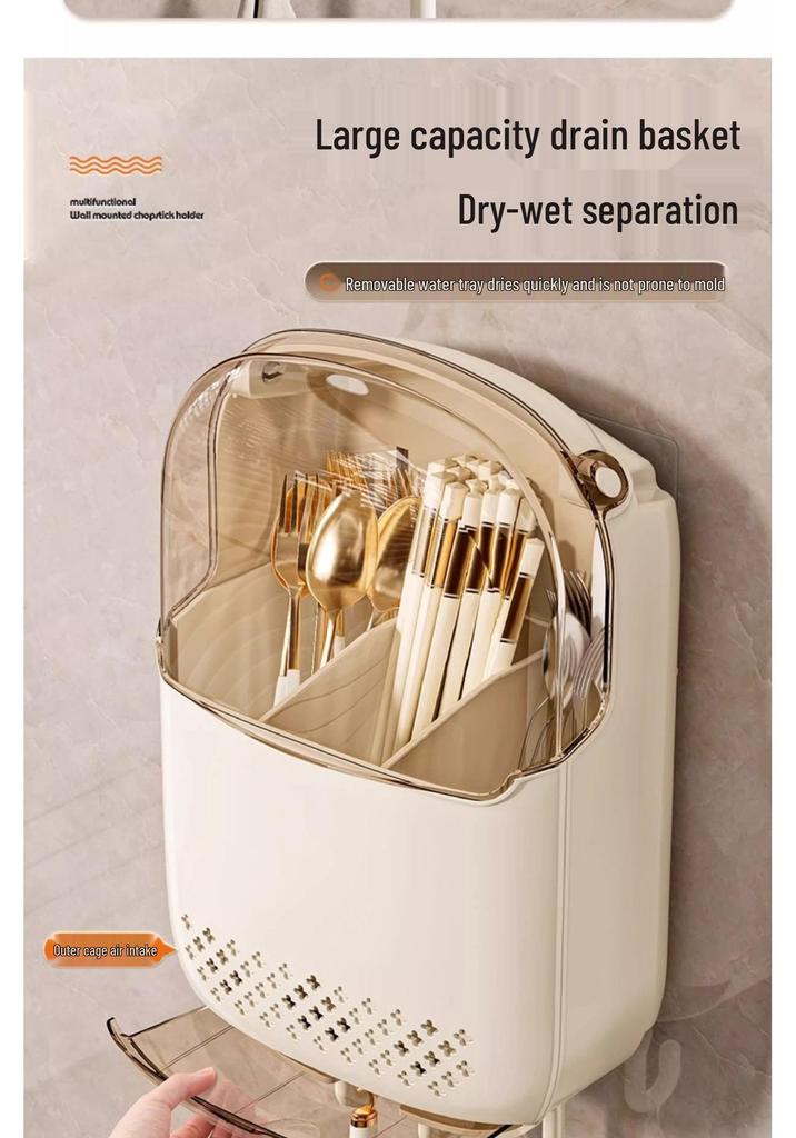 Wall-Mounted Chopstick & Spoon Storage Box with Draining Rack - 2026 Model for Home Kitchen