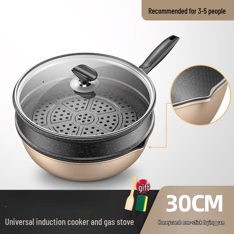 ZISIZ 30CM Honeycomb Non-Stick Cast Iron Wok with Lid and Steamer