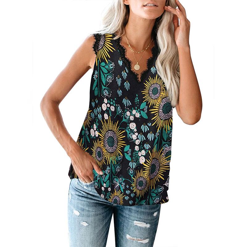 Summer Women's T-shirt Vest Solid Color V-neck Lace Sleeveless Print Women's Top Bottoming Vest