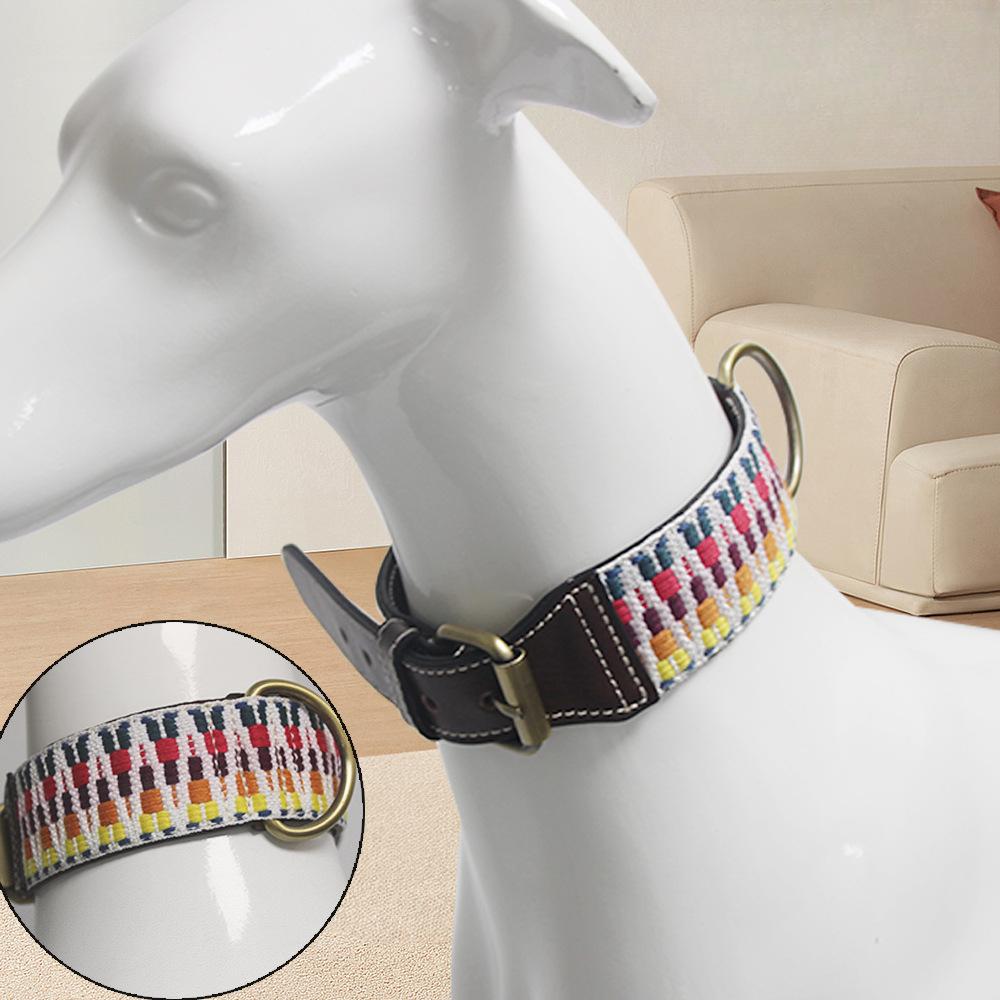 New Luxury Retro Knitted Embroidered Leather Dog Collar Soft and Adjustable Cowhide Dog Collar