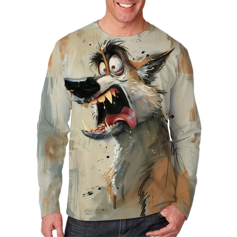 Spring and Autumn Round Neck Cute Animal Pattern 3D Printed Top Fashionable Casual Long Sleeved Men's T-shirts