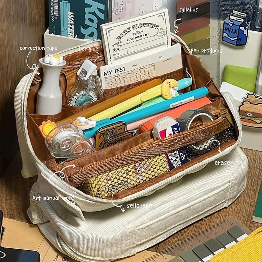 

Durable Retro Large Opening Design Pen Bag Large Capacity Multi-functional Pencil Case Portable Stationery Pouch Students Gift білий