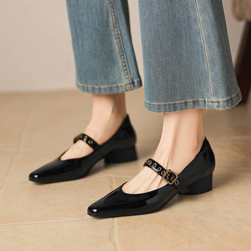 Krazing Pot Genuine Leather Square Toe Low Heels Summer Shoes Big Size 42 Buckle Straps Women Shallow Pumps