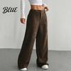 Women Pants Low Rise Zipper Button Fly Straight Wide Leg Comfortable All-day Wear Long with Pockets Solid Color Ribbed Leisure Trousers Wide-leg