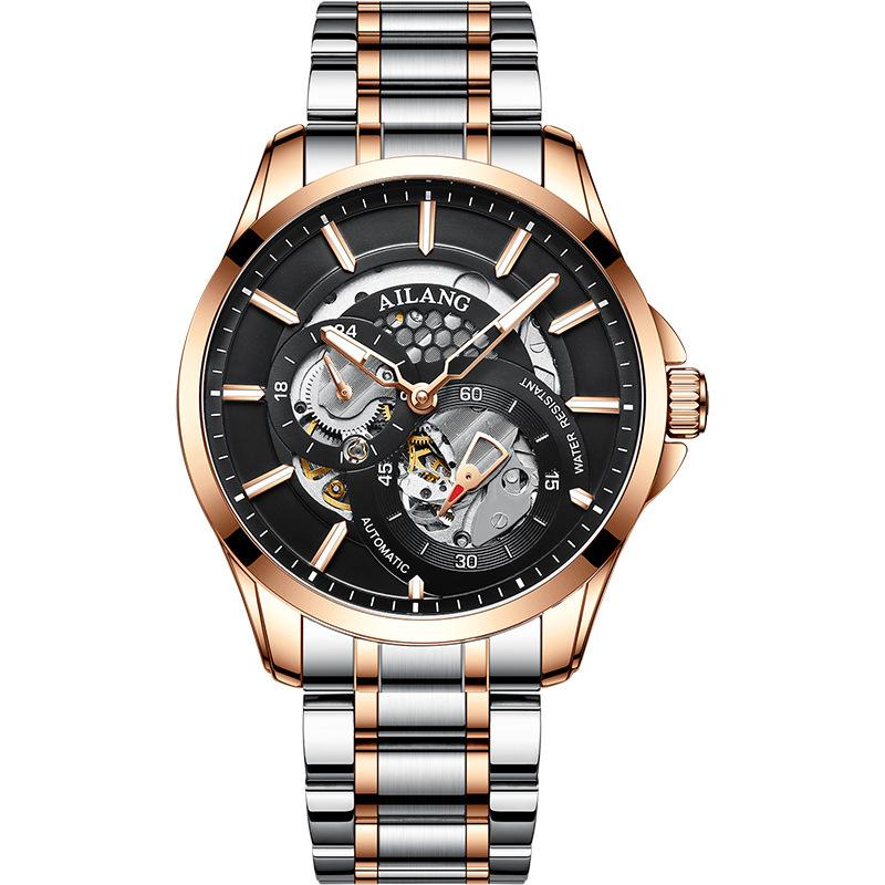 AILANG Men Automatic Mechanical Wristwatch Hollow Skeleton Dial Stainless Steel Band Business Sport Male Watch