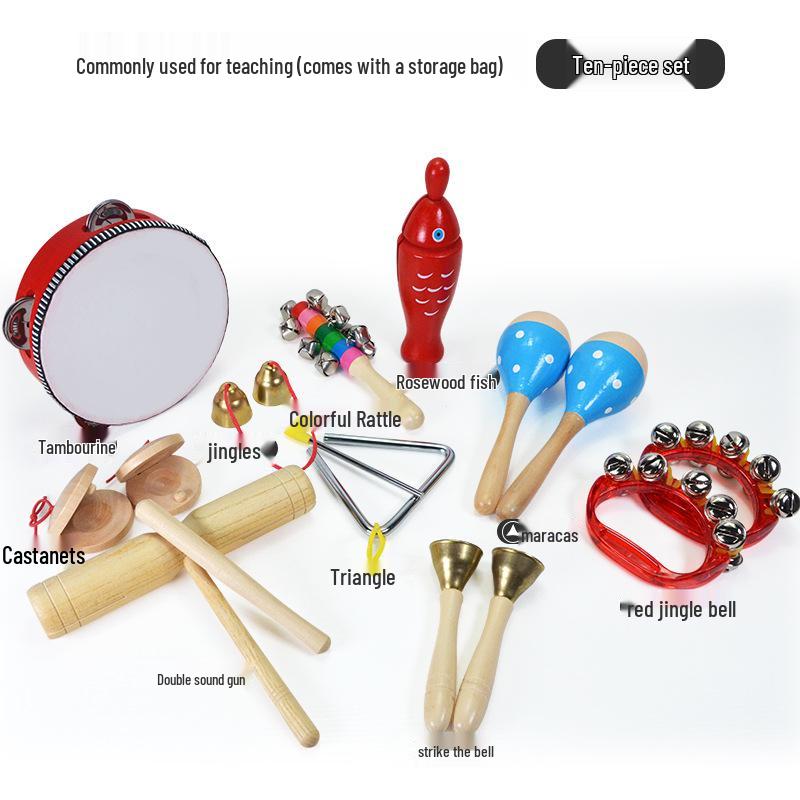 Children's Orff Percussion Instruments: Triangle, Castanets, Maracas, Tambourine, Wood Block, Cymbals