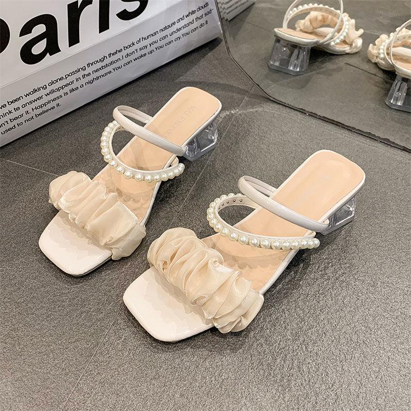 Cool Slippers Women's New Summer Medium Heel Thick Heel Versatile Outer Wear Pearl Two Wear Sandals