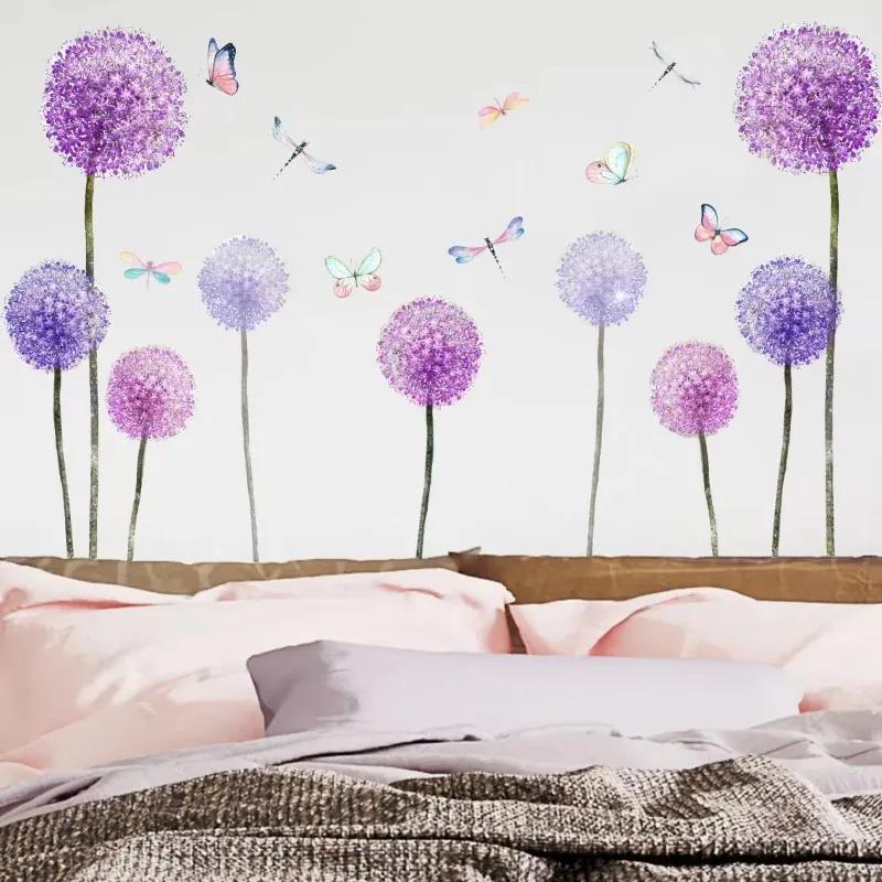 Purple Dandelion Butterfly Pattern Wall Stickers Home Decoration Stickers Accessories for Living Room Sofa Bedroom Background