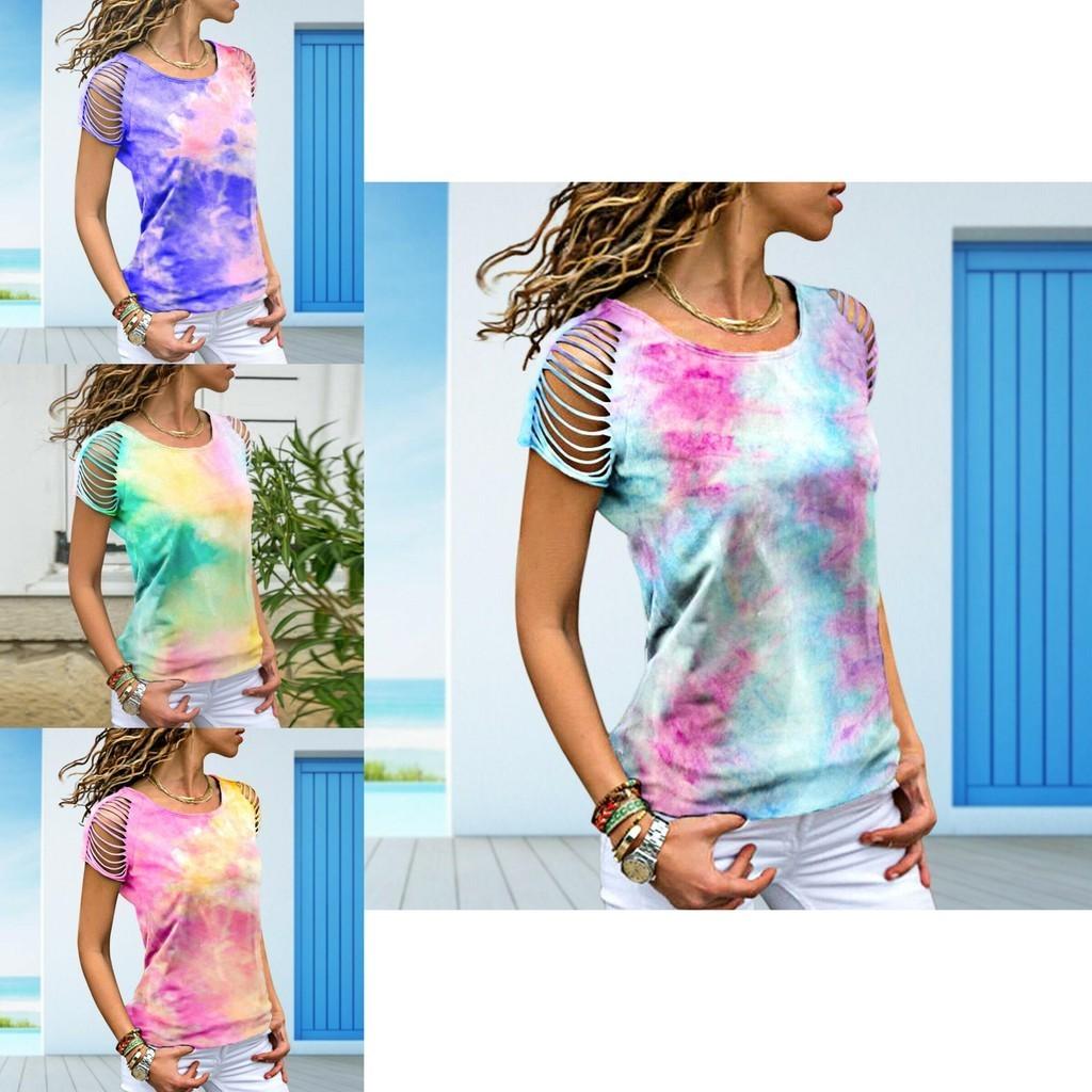 Womens Vibrant Tie-dye Printed Tops Casual Short Sleeve Blouse Perfect For Summer