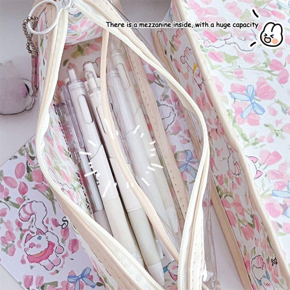Cute Tulip Cat Bow Pen Bags Transparent Student Stationery Organizer Cartoon Pencil Case  Gifts