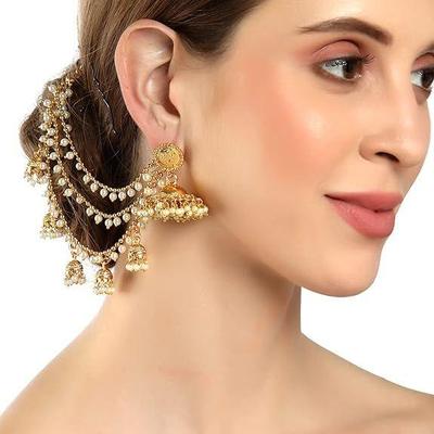 Brincos tradicionais de latão banhado a ouro 18 K para casamento, joias inspiradas em Bahubali, corrente longa, Jhumki, para mulheres e meninas
