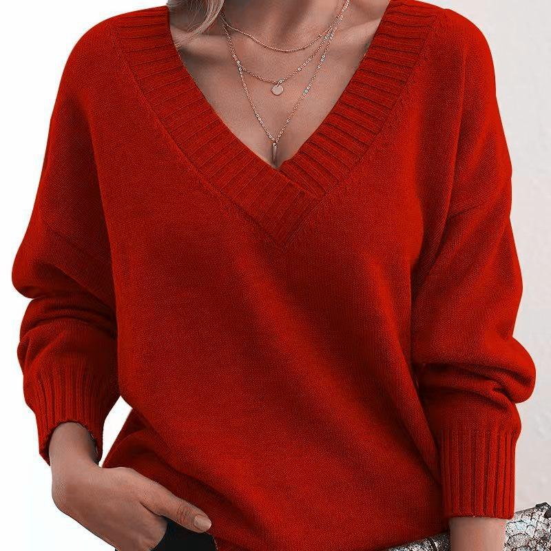 DAFIFY Women's Fashion Casual Fall Winter Solid Color Print Long Sleeve V-Neck Sweaters