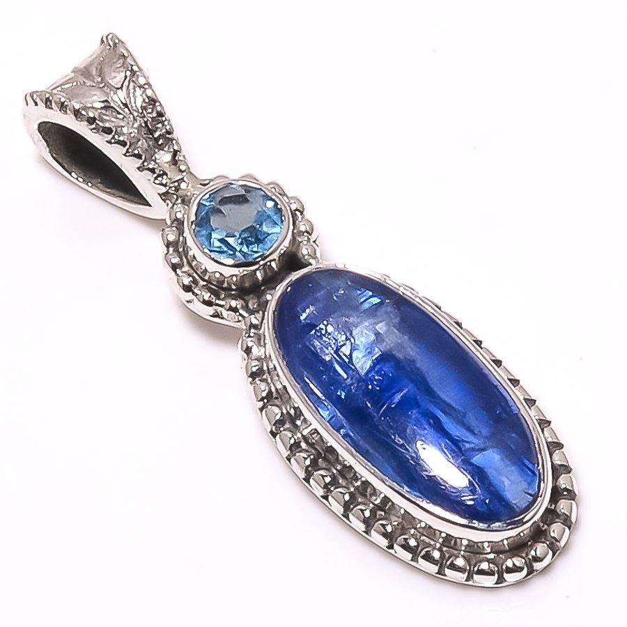 Natural Kyanite,Blue Topaz Gemstone 925 Solid Sterling Silver Pendant 1.26" i0S30