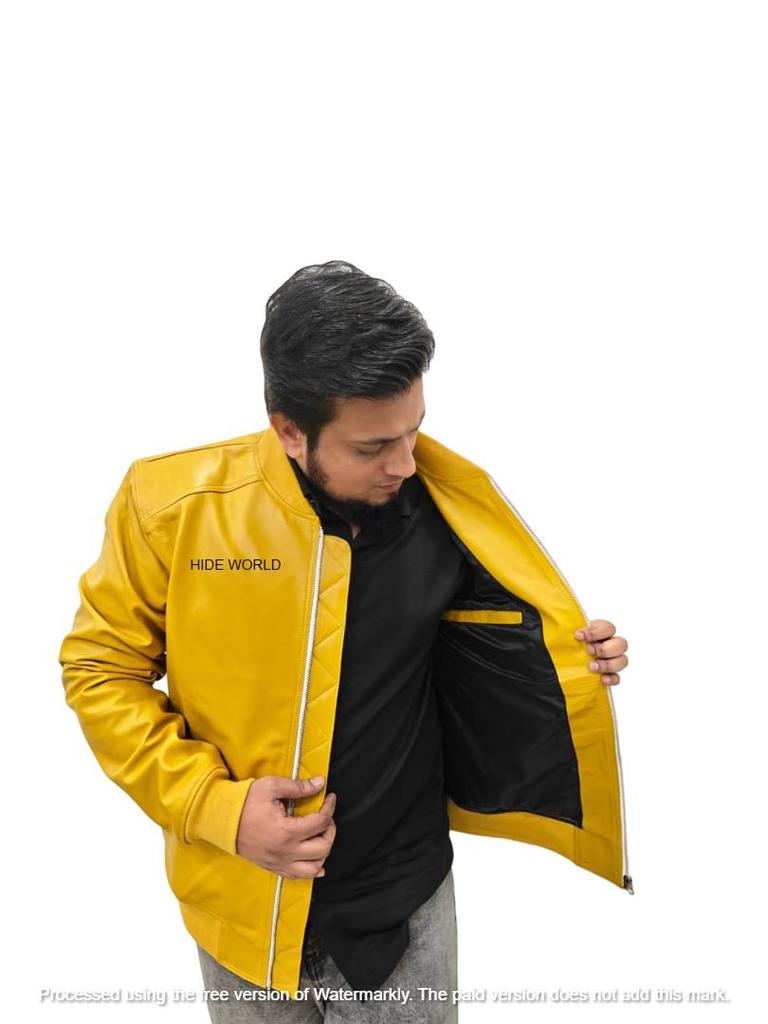 Stylische Gelbe Jacke Herren Bomber Biker Weiche Lammfell Lederjacke Handarbeit