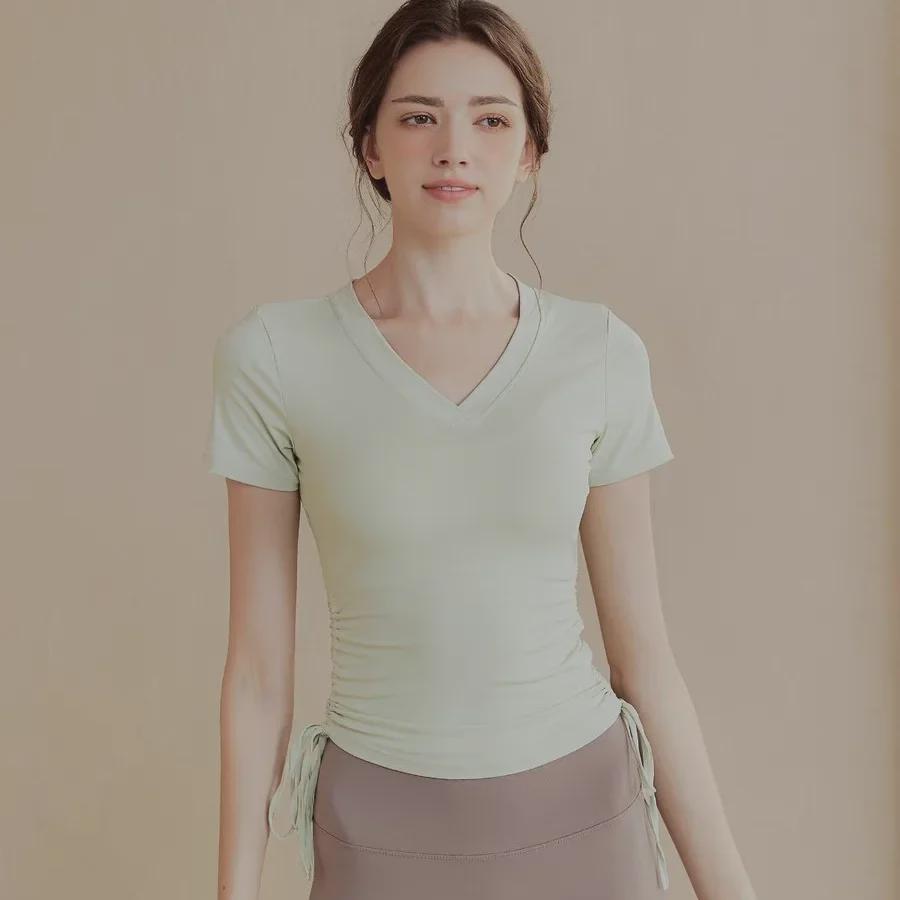 Women's Quick-Dry V-Neck Yoga and Pilates Short-Sleeve Slimming Tops for Spring/Summer Fitness and Running