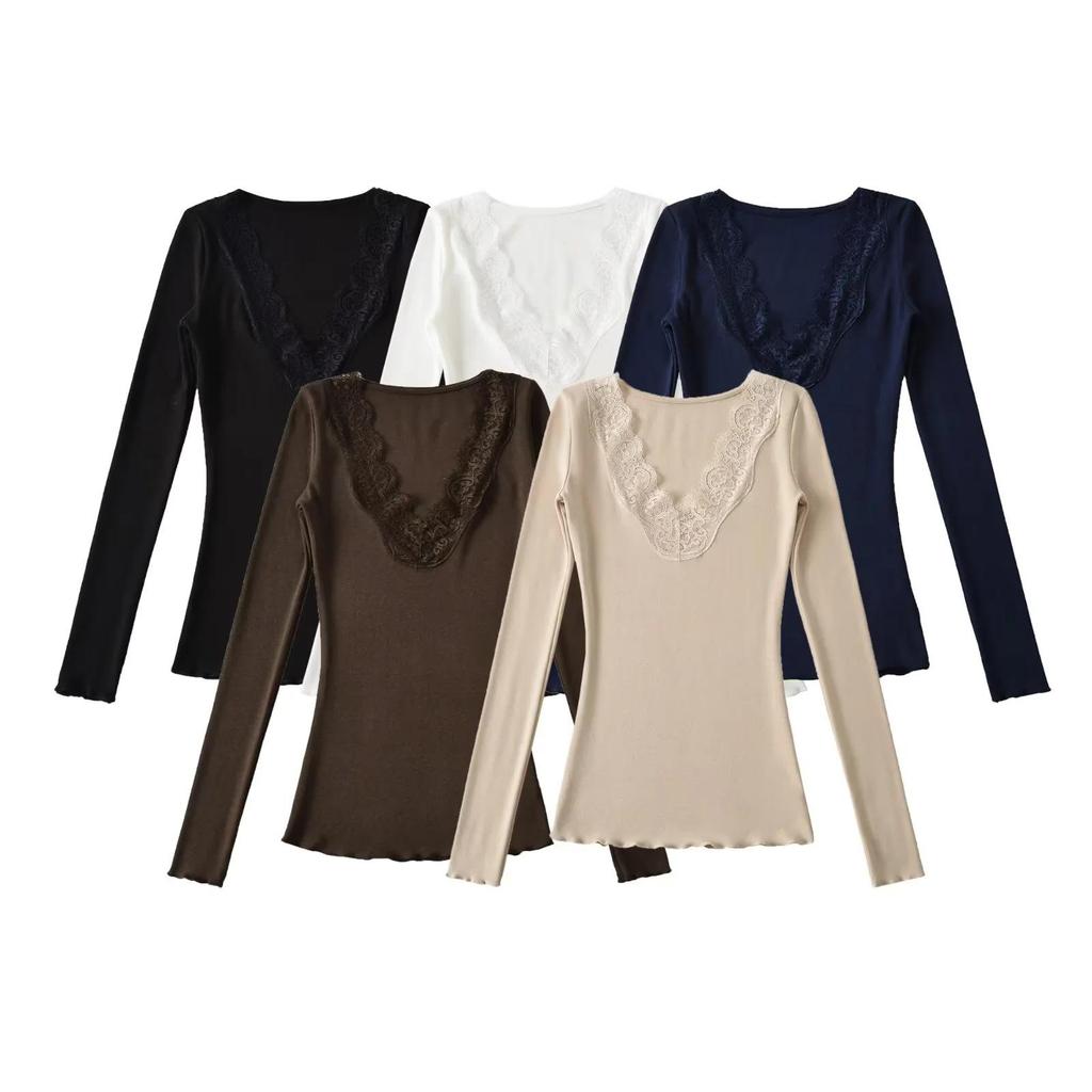 T-shirt da donna a manica lunga in pizzo con scollo a V, vestibilità slim, per Autunno/Inverno