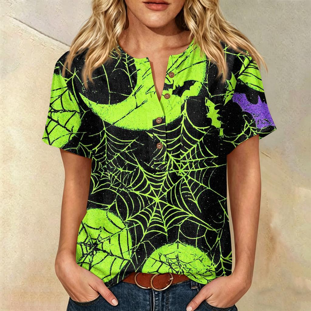 Women's Casual Short Sleeve Linen Cotton Blend Henley Shirt with Chest Pocket Halloween Themed Graphic Print