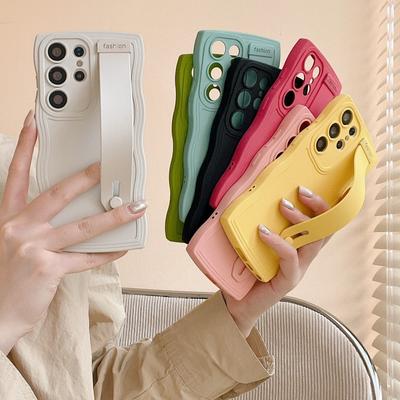 Candy Color Handgelenkschlaufe Handhalter Ständer Wave Texture Frame TPU Stoßfeste Telefonhülle Abdeckung für Samsung S25 Ultra S24 S23 S22 A54 5G