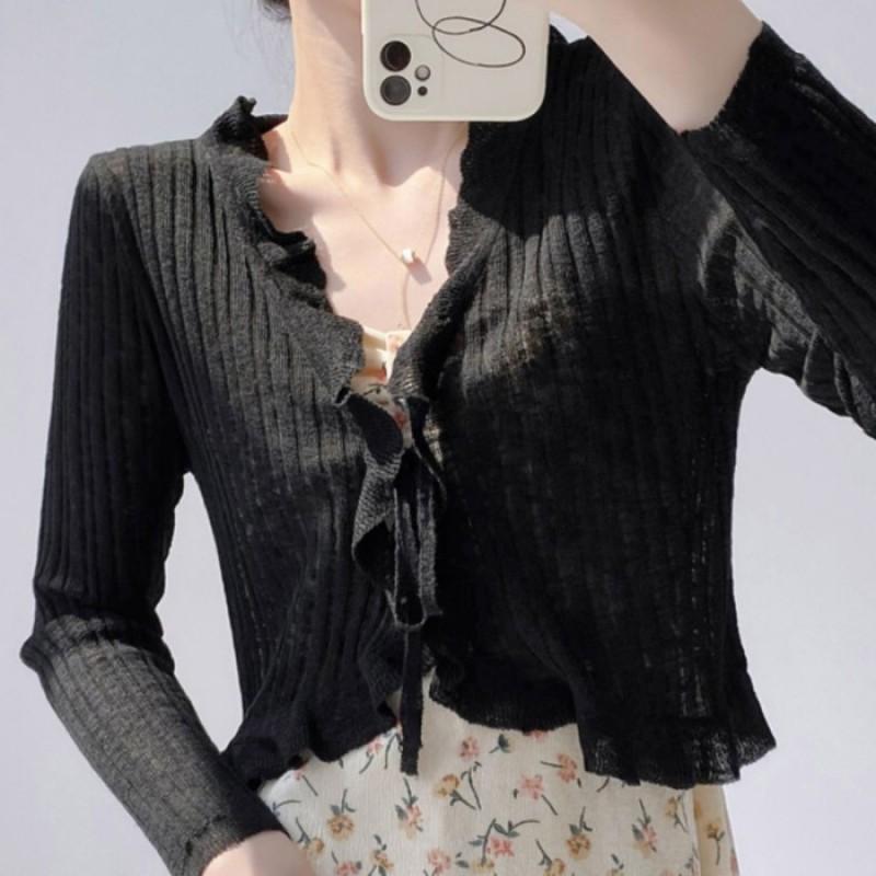 Ruffled Lace Ice Silk Sweater Sun-proof Cardigan Thin Women's Small Shawl Coat Sweet Spicy Outer Blouse