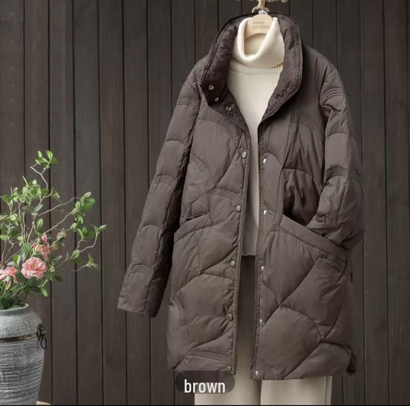 Women's Mid-Length Retro Chic Lightweight Down Jacket - Auspicious Clouds Stand Collar Design