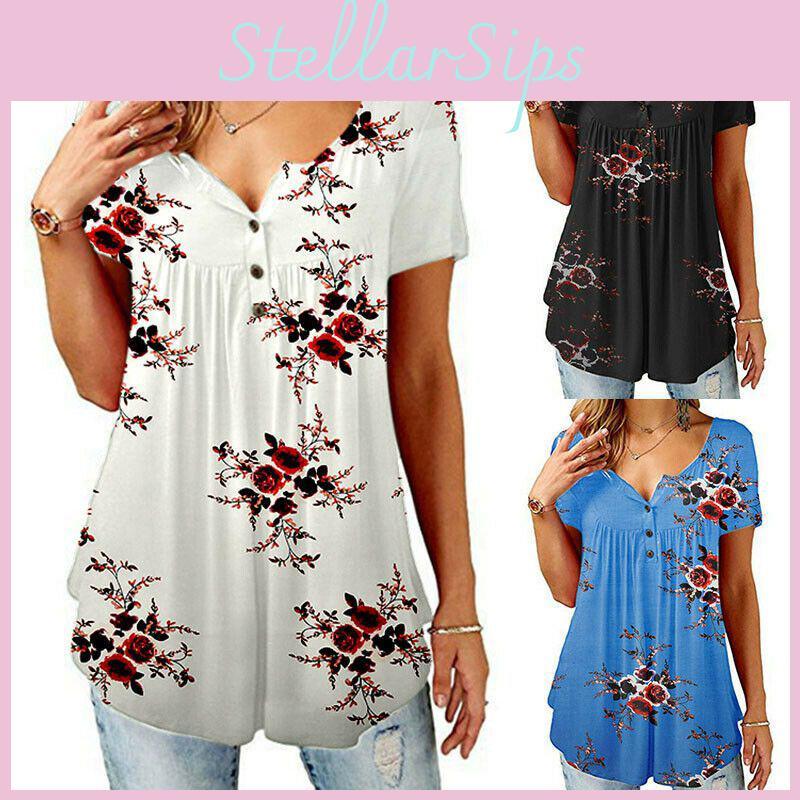 Elegante T-shirt da Donna Floreale a Maniche Corte con Comodo Design Largo