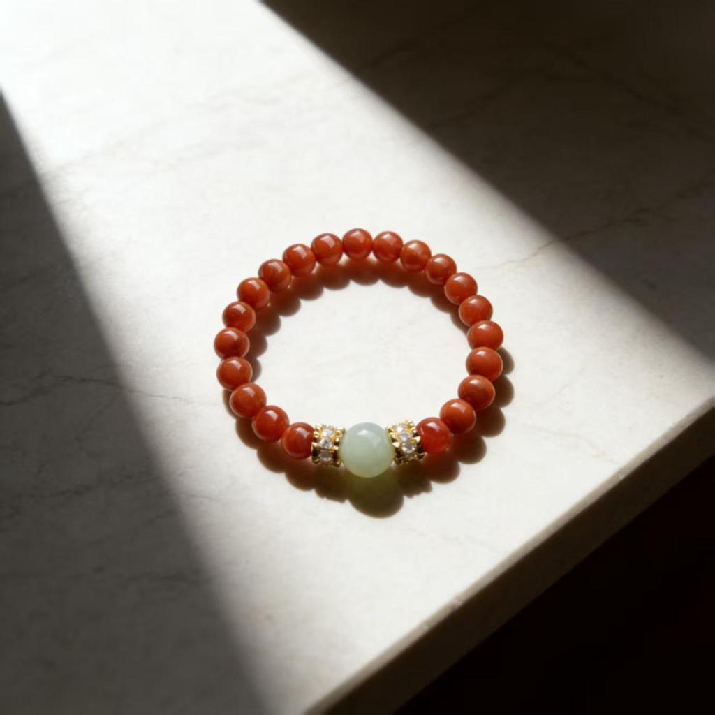 Unisex Red Agate & Hetian Jade Zodiac Bracelet, Prayer Beads, Retro Style