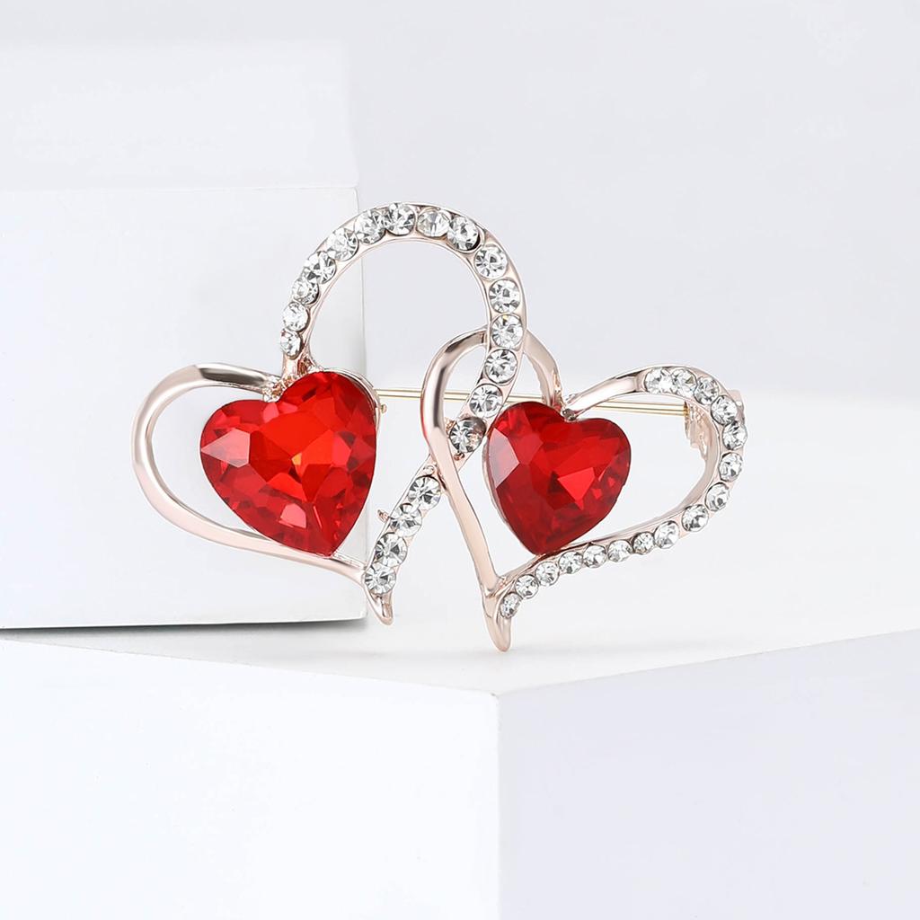 Creative design alloy rhinestone double heart brooch fashionable and versatile women's clothing chest flower accessories