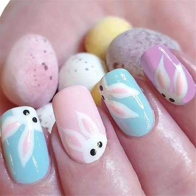 24pcs Square Press On Nail with Rabbit Pattern Short Artificial Nail Full Cover False Nail Manicure Nail Art for Women