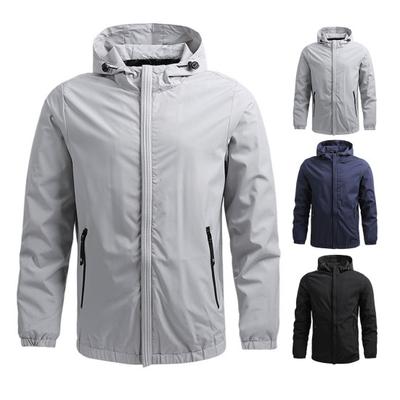 Men Jacket Hooded Long Sleeve Solid Color Jacket Coat with Pockets Zipper Placket Windproof Waterproof Running Gym Outwear