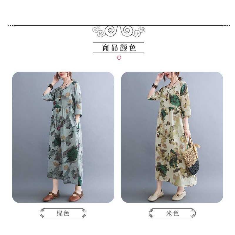 Summer New Literary Large Size Loose Thin Round Neck Five-minute Sleeve Age Reduction Women's Dresses