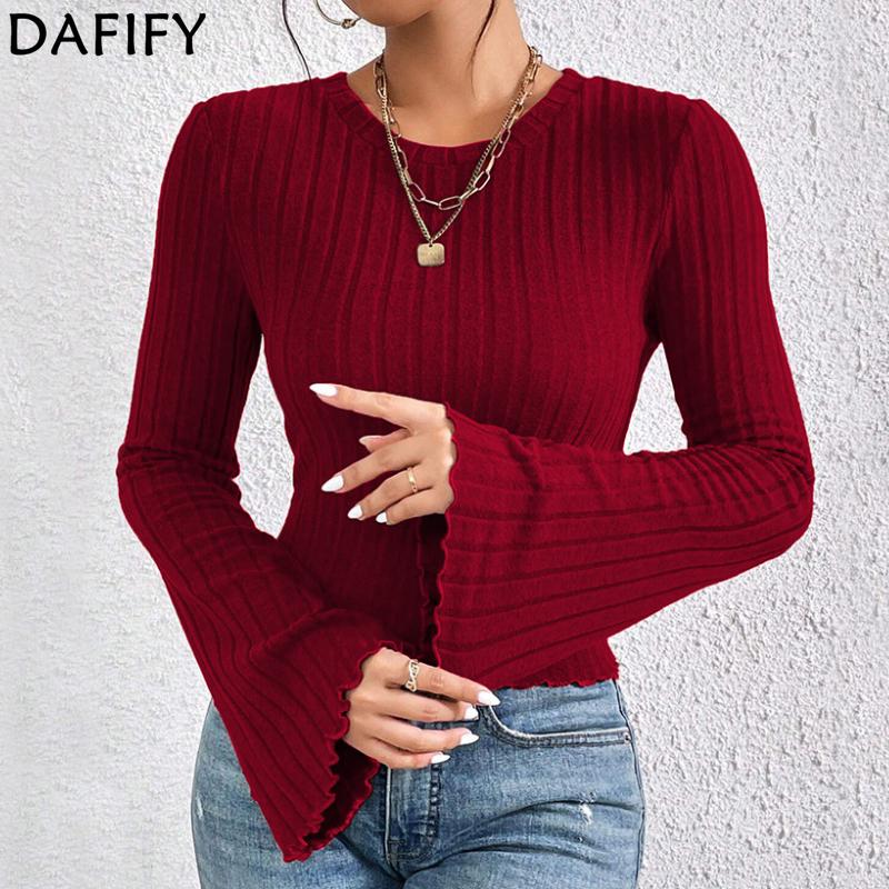DAFIFY Women's Fashion Casual Spring Autumn Solid Color Print Long Sleeve O-Neck Blouses & Shirts
