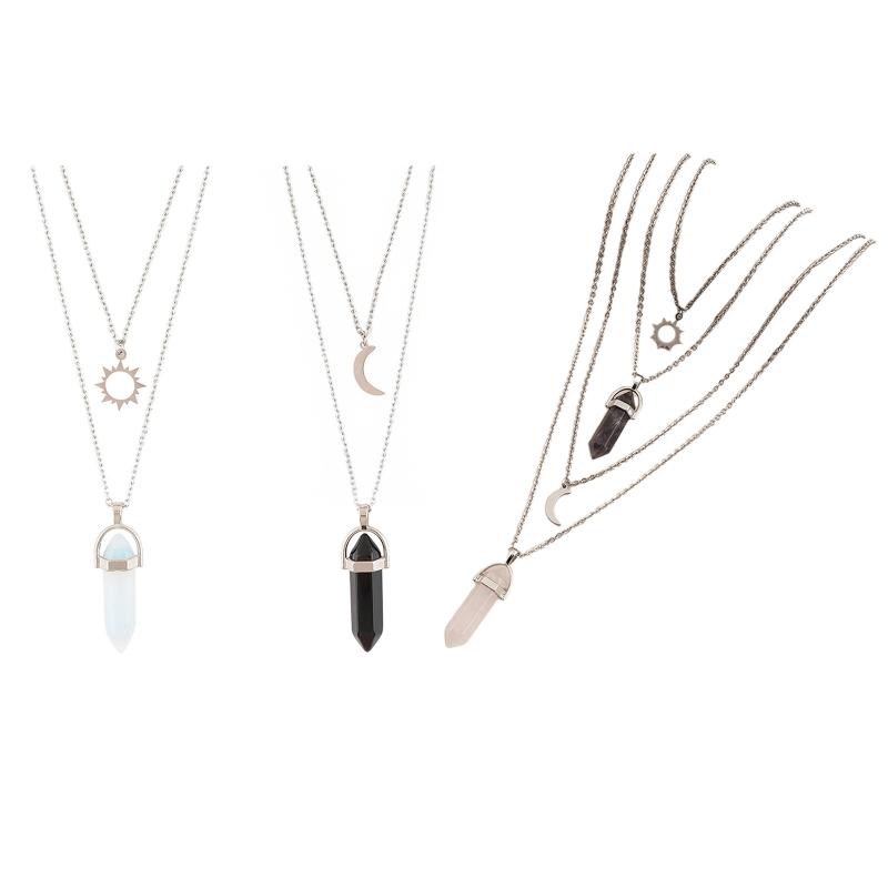 2PCS Natural Stone Hexagonal Column Crystal Pendant for Sun and Moon Charm Best Friends Jewelry Bullet Stone Women BFF G