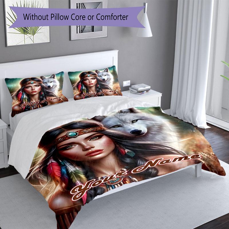 3pcs Custom Name Wolf Spirit Connection Bedding Set Printed Bedding Set Duvet Cover Closure Includes 1 Duvet Cover & 2 Pillowcases Bedroom Decor