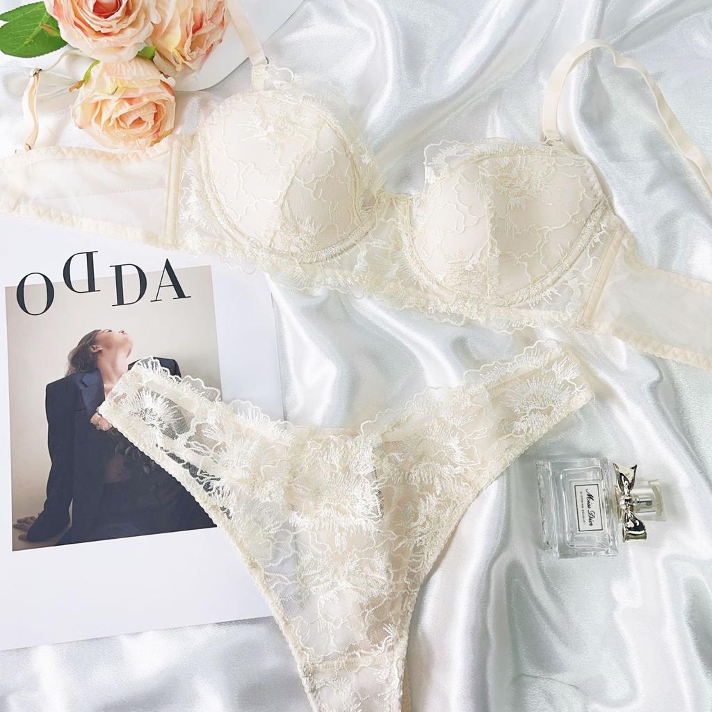 French Sexy Underwear Women's Thin Jacquard Embroidered Lace Bra Big Chest Small Anti-sagging Large Size Underwear Set