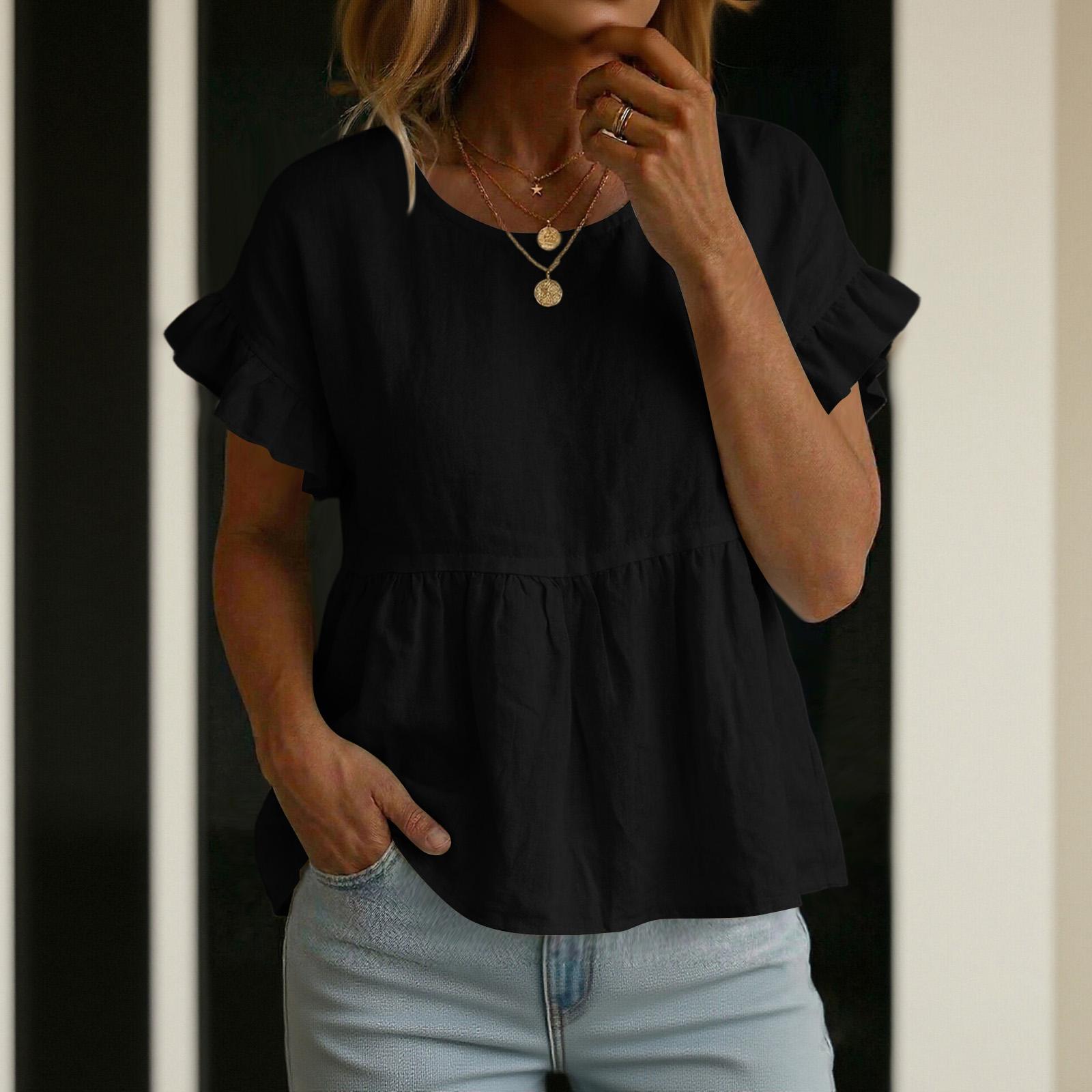 

Women s Short-sleeved Round Neck Cotton Linen Color Loose Top L чёрный