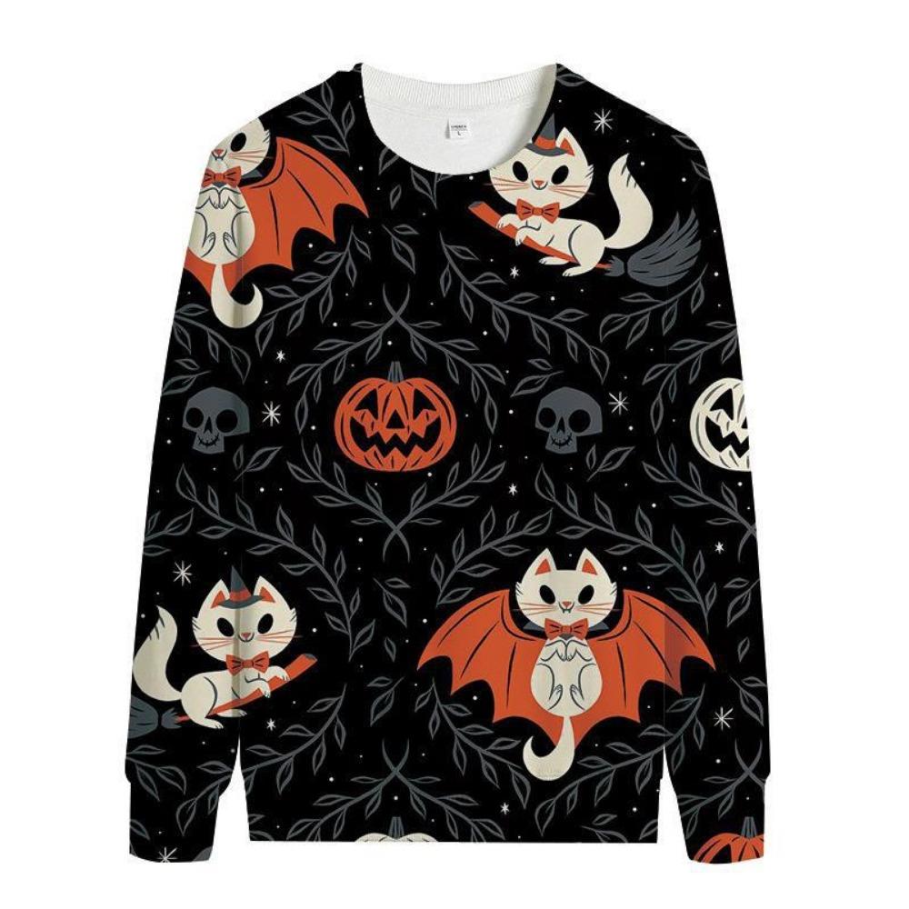 Women's Fashion Hoody Halloween Pumpkin Lamp Print Ghost Bat Sweatshirts Long Sleeved O Neck Hoodies Female Tops