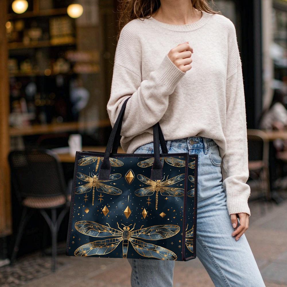 Elegant Dragonfly Pattern Tote Bag Fashion Daily Use Large Capacity Commute Shoulder Handbag for Women