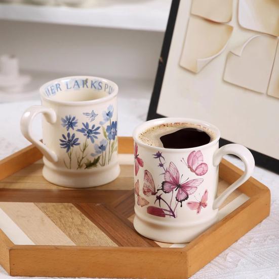 380ML Ceramic Coffee Mug Retro Vintage Floral Drinking Mugs Hand-Painted Floral Butterfly Pattern Tea Cup with Handle Gift for Women Girls