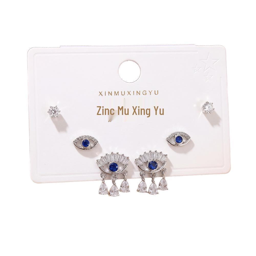 Fashionable Evil Eye Stud Earrings: 925 Silver, High-End Luxury, Three Pairs per Card.
