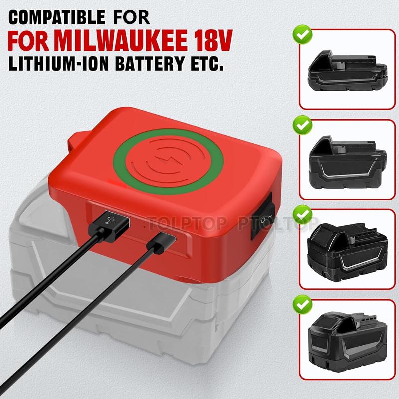 Magnetic wireless charger, for Makita/Dewalt/Milwaukee 18V Li-ion Battery, with USB/TYPE-C, Fast charging battery adapter