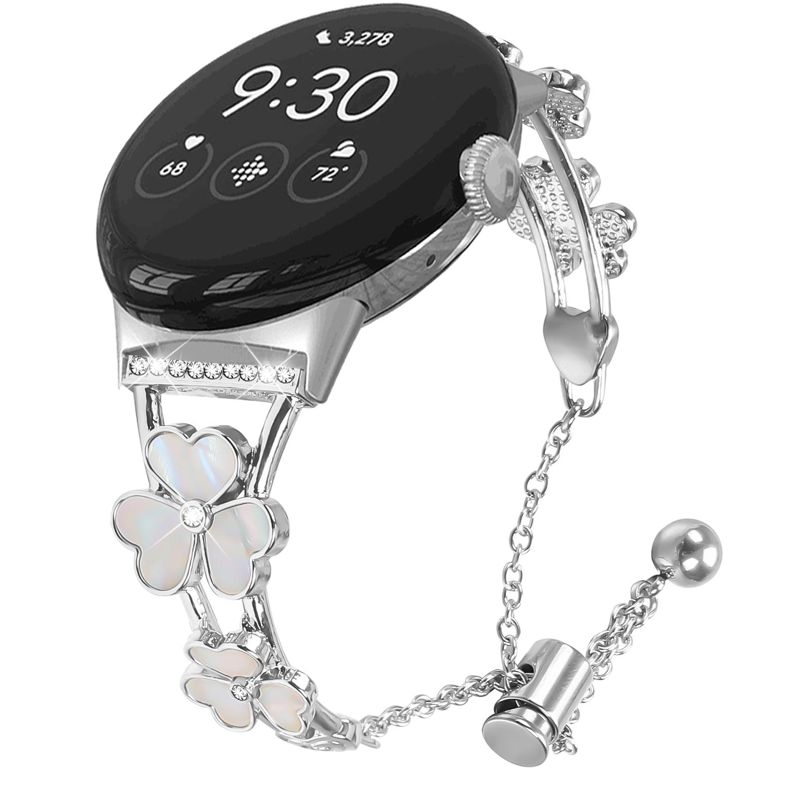 

For Google Pixel Watch/Watch 2 Watchband Heart Clover Decor Silver Zinc Alloy Metal Strap A