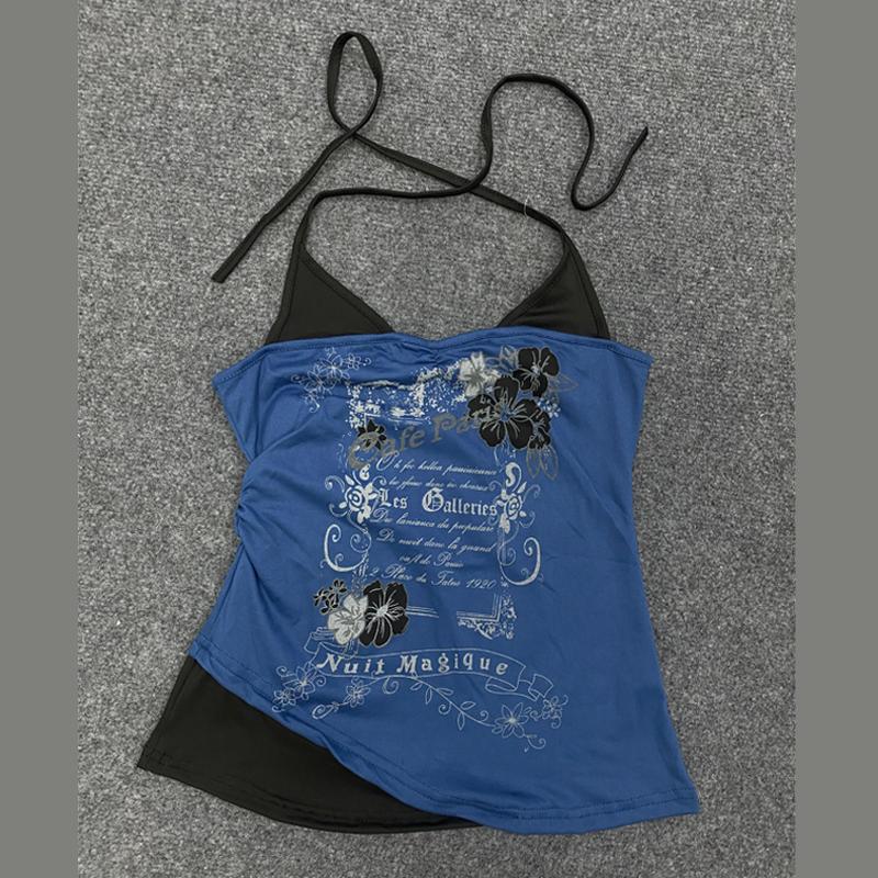 

Европейский и американский летний облегающий жилет с принтом, с вырезом на шее, сексуальный S синий