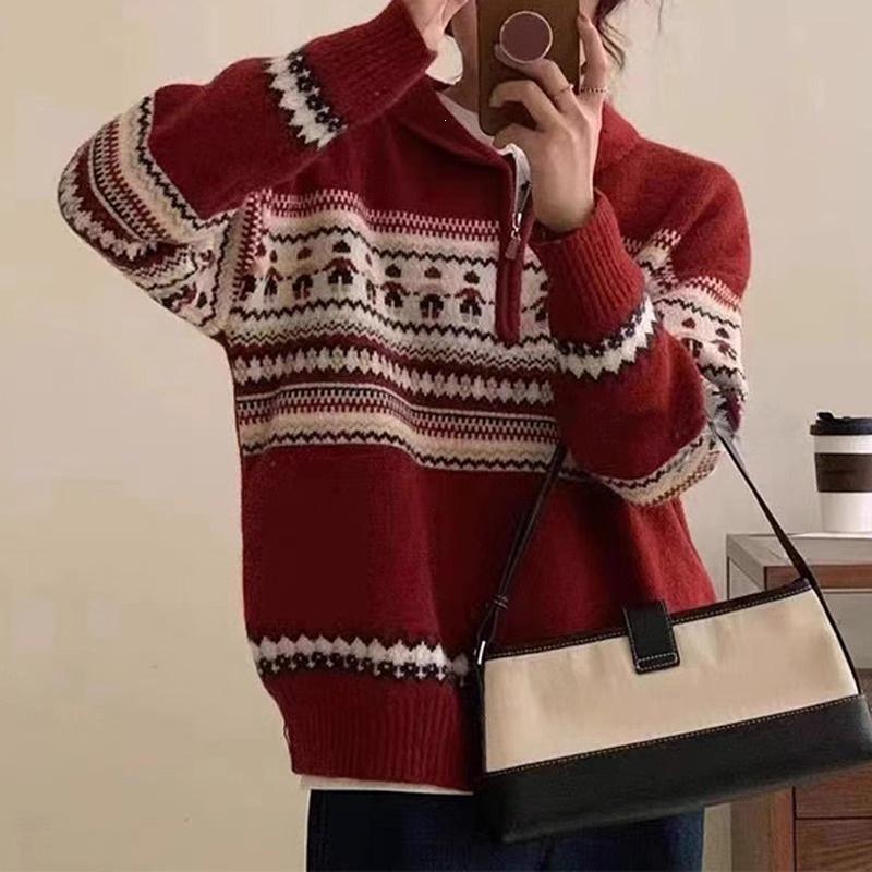 Women's Christmas Red Rat Design Jacquard Half-Zip Sweater - Autumn/Winter Lazy Soft Style