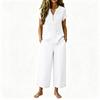 Women's Loose Fit Casual Embroidered Linen Set Short Sleeve Top with Wide Leg Pants Lightweight Summer Outfit