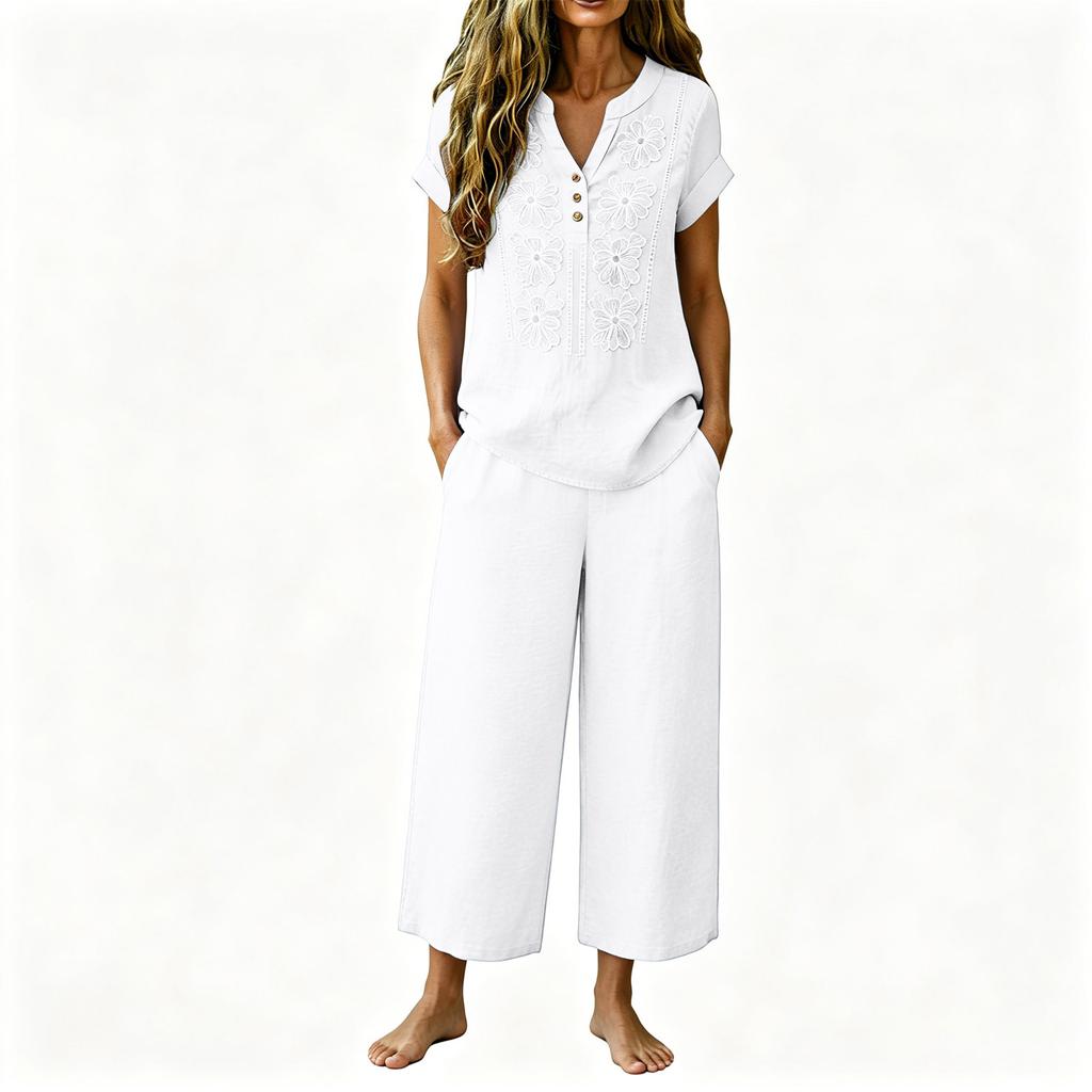 Women's Loose Fit Casual Embroidered Linen Set Short Sleeve Top with Wide Leg Pants Lightweight Summer Outfit