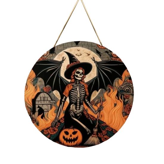 Thanksgiving Yard Display Halloween Wooden Sign,Round Hanging Pendant with Lanyard, Retro Distressed Holiday Home Ornament Wood Skeleton/Pumpkin/Clown